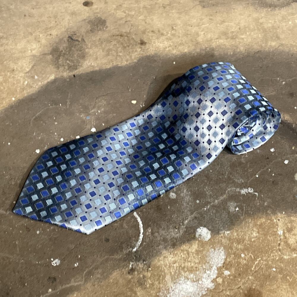 Kai Long Tie 100% Silk Blue Square And Dot Pattern Handmade
